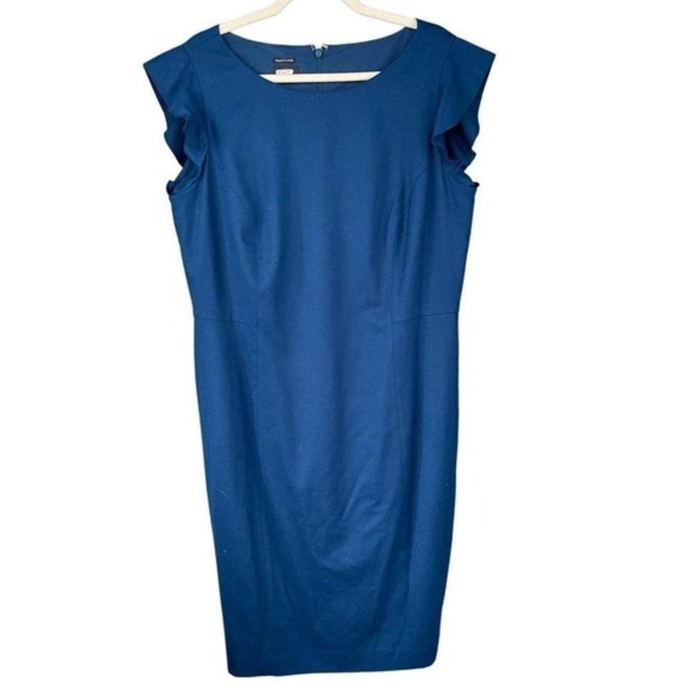 T3 Talbots Italian Flannel Blue Wool Blend Ruffle‎ Sleeve Sheath Dress Size 16